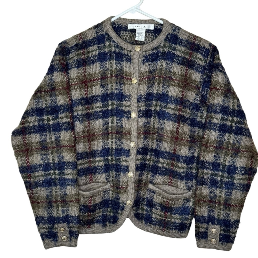 Vintage Lise J sweater Cardigan Size S Gold Buttons Pockets Wool Blend EUC